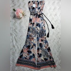 Wide leg, strapless pant suit. Tropical print